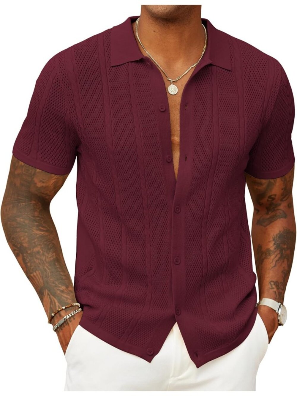 Coofandy Men's Wine Red Pull On Vintage Short Sleeve Knit Button Down Polo Shirt